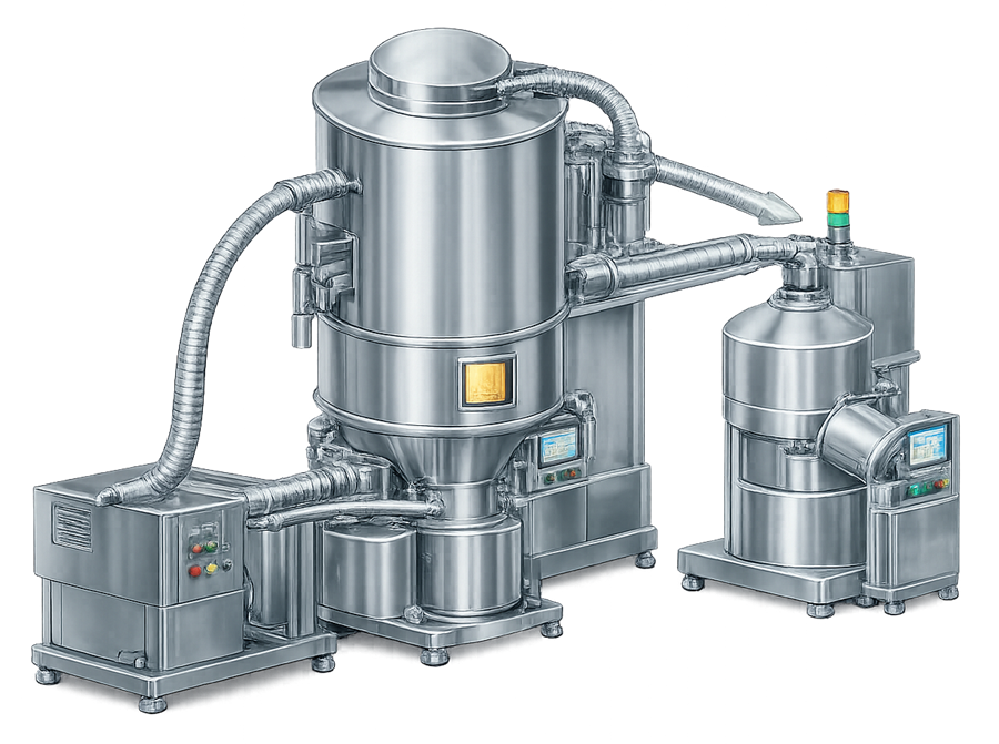 Pharmaceutical fluid-bed dryer showing product chamber, air-handling equipment, product filters, exhaust system, and controls.