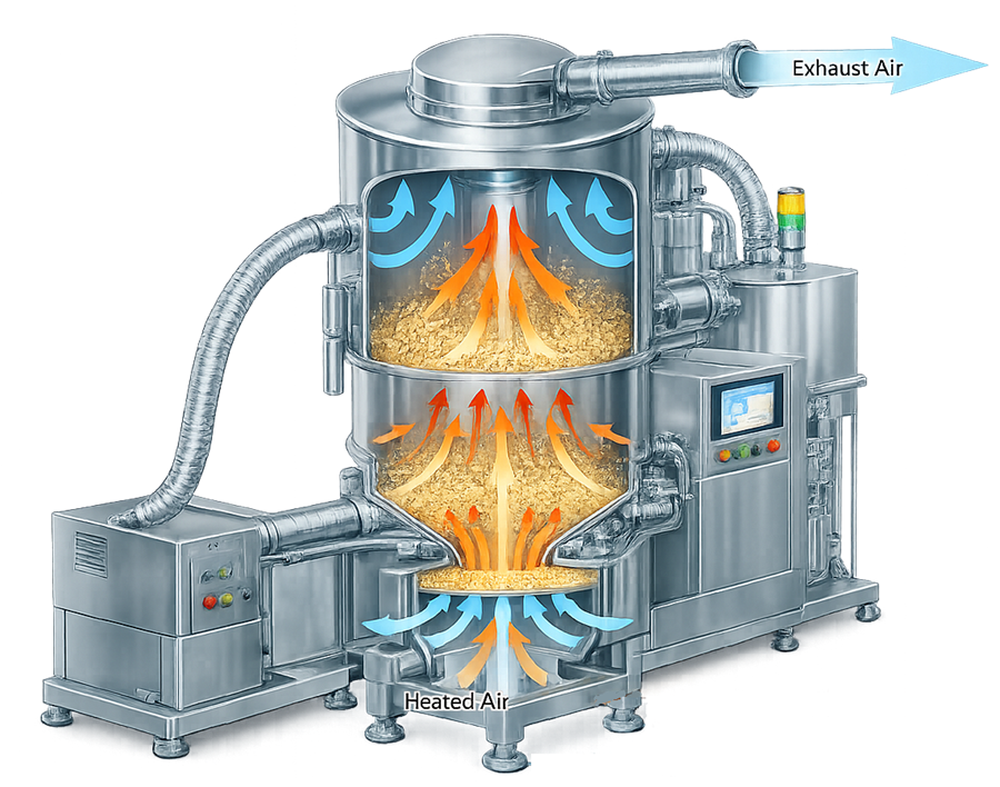 Cutaway fluid-bed dryer showing heated air passing through the distribution plate, fluidized granules, product filters, and exhaust airflow.