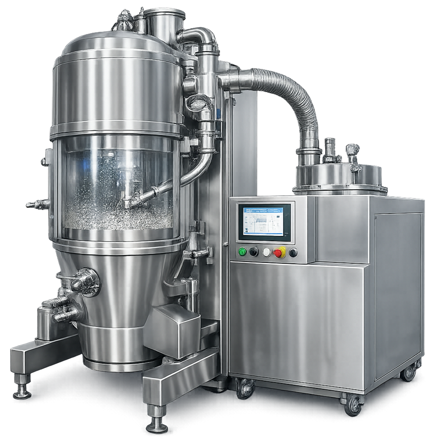 Pharmaceutical fluid-bed granulator showing process-air inlet, product chamber, binder spray nozzles, filters, and exhaust-air path.
