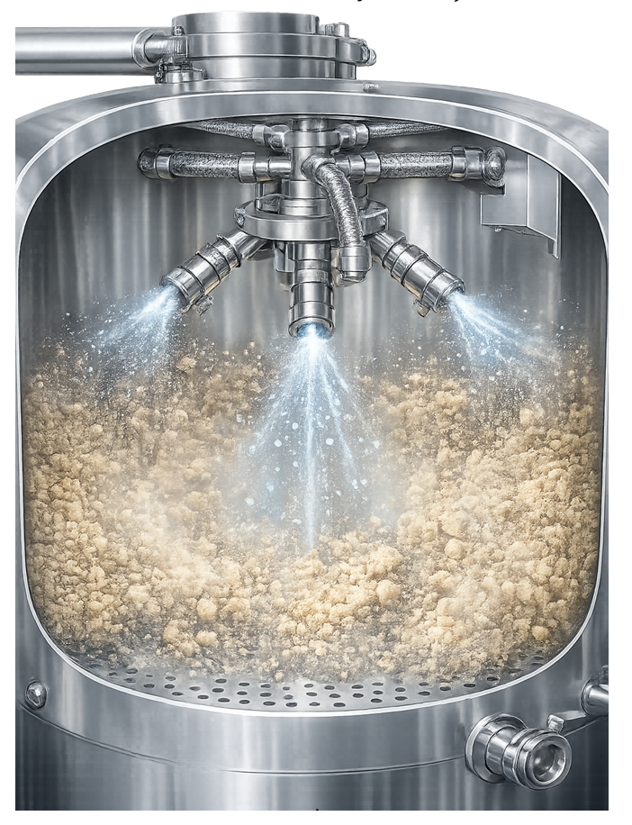 Pharmaceutical granulator binder spray nozzle showing liquid supply, atomization air, spray cone, and powder bed.