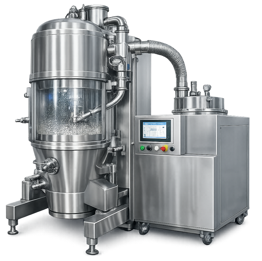 Fluid bed granulator used in pharmaceutical manufacturing showing fluidized particle chamber and spray granulation system.