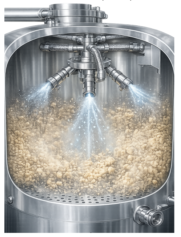Spray nozzle assembly inside pharmaceutical fluid bed granulator used for binder addition during granulation.