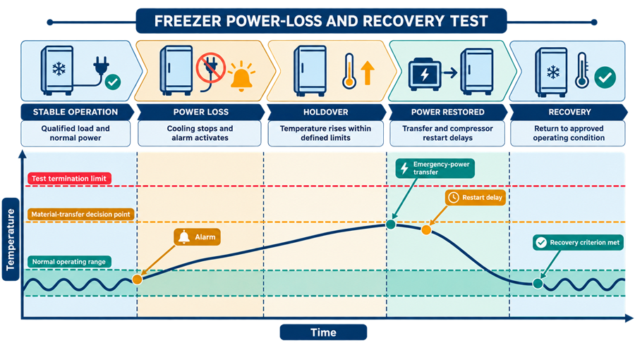 Freezer power-loss test showing temperature holdover, alarm activation, emergency-power transfer, restart delay, and recovery.