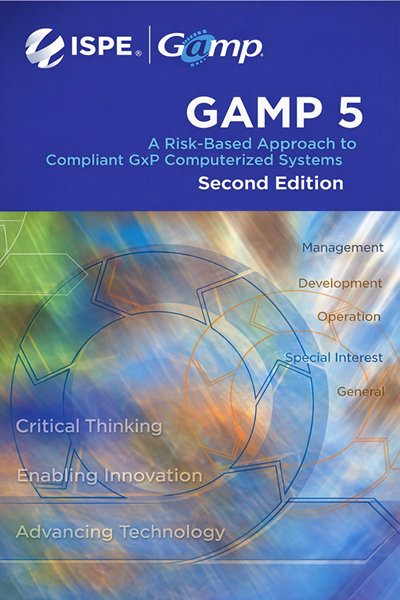 GAMP 5 guide title page representing the risk-based lifecycle framework for compliant GxP computerized systems