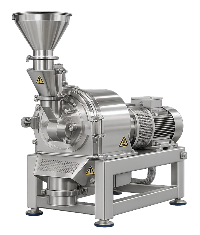 Stainless-steel pharmaceutical hammer mill with feed hopper, enclosed milling chamber, motor, internal screen area, and discharge outlet