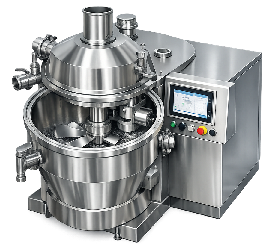 Pharmaceutical high-shear granulator showing mixing bowl, impeller drive, chopper, binder inlet, and discharge assembly.