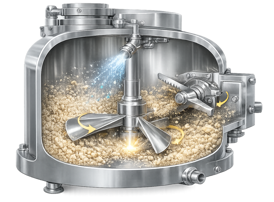 High-shear granulator mixing assembly showing vessel, impeller, chopper, shaft seals, and product discharge.