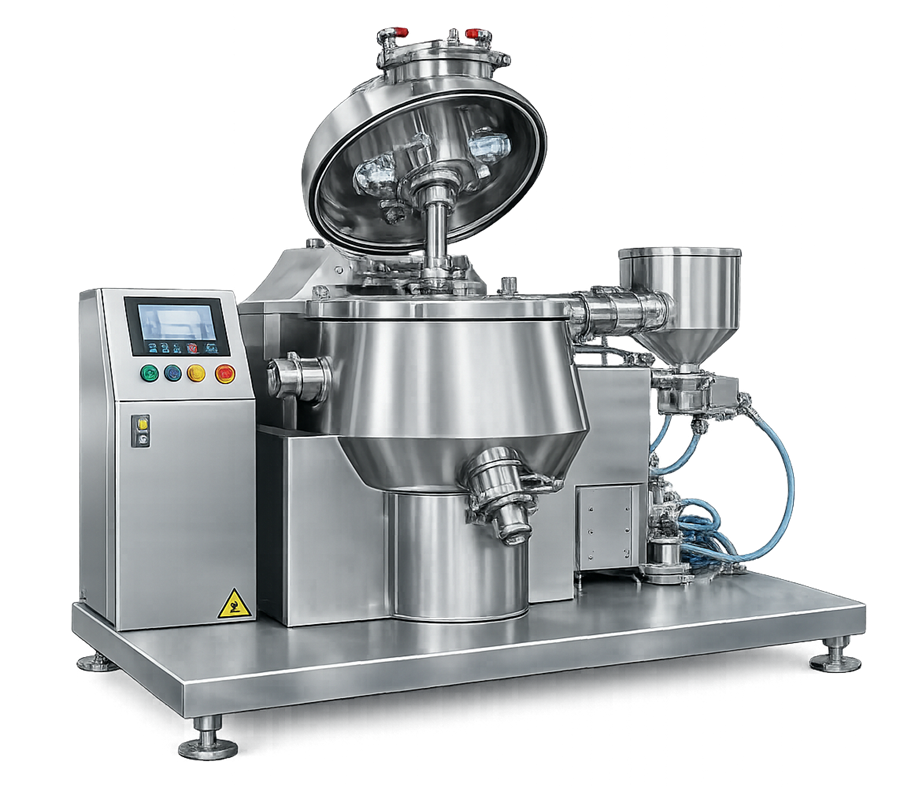 Pharmaceutical high-shear mixer showing processing vessel, impeller drive, chopper assembly, discharge, and control panel.