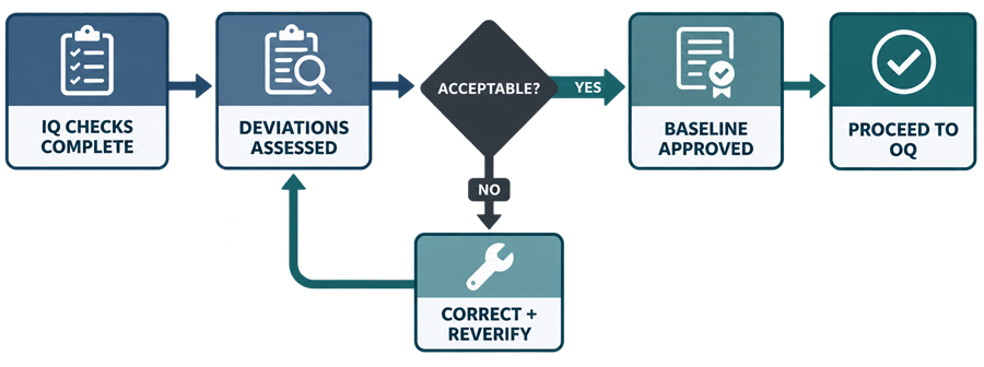 Installation Qualification deviation assessment and approval process leading to Operational Qualification readiness.