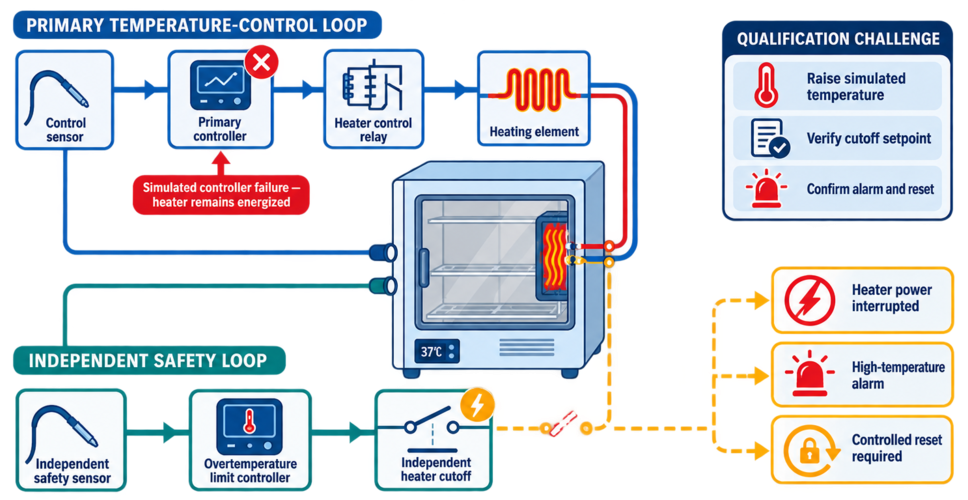 Incubator overtemperature-protection architecture showing the primary control loop and an independent safety sensor interrupting heater power.