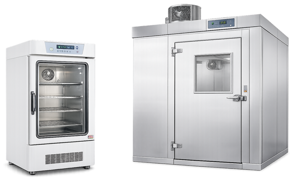 Laboratory incubator and walk-in warm room used for controlled elevated-temperature applications in pharmaceutical and microbiology laboratories.