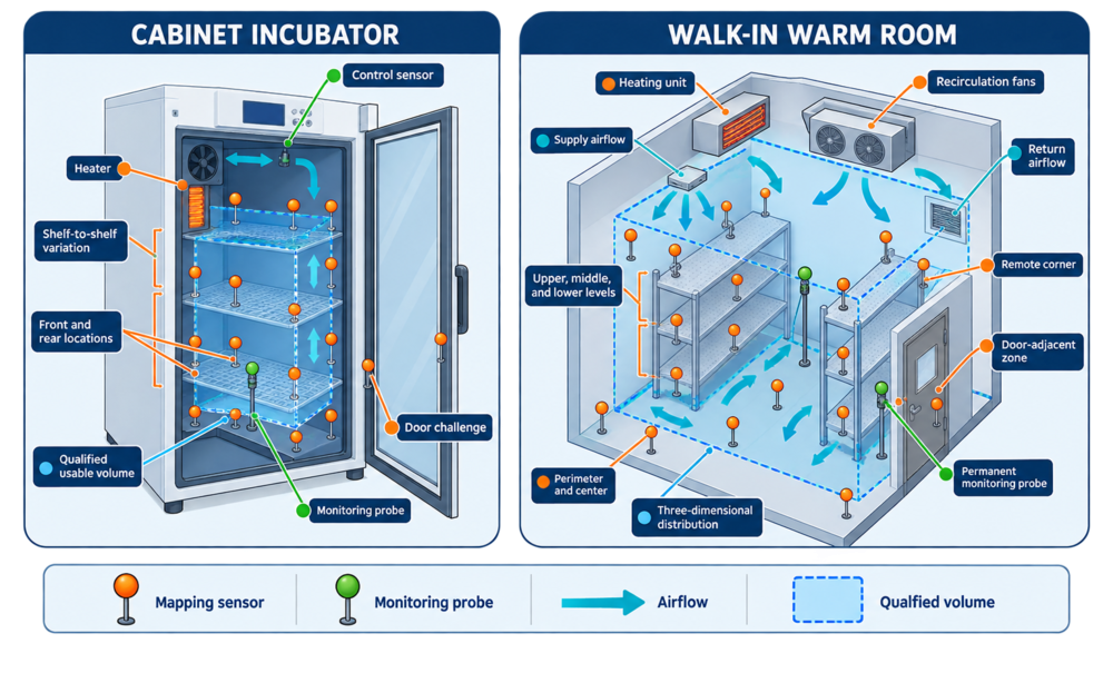 Incubator and warm-room mapping layouts showing shelf-level sensors, room-scale three-dimensional positions, doors, heaters, airflow, loads, and monitoring probes.