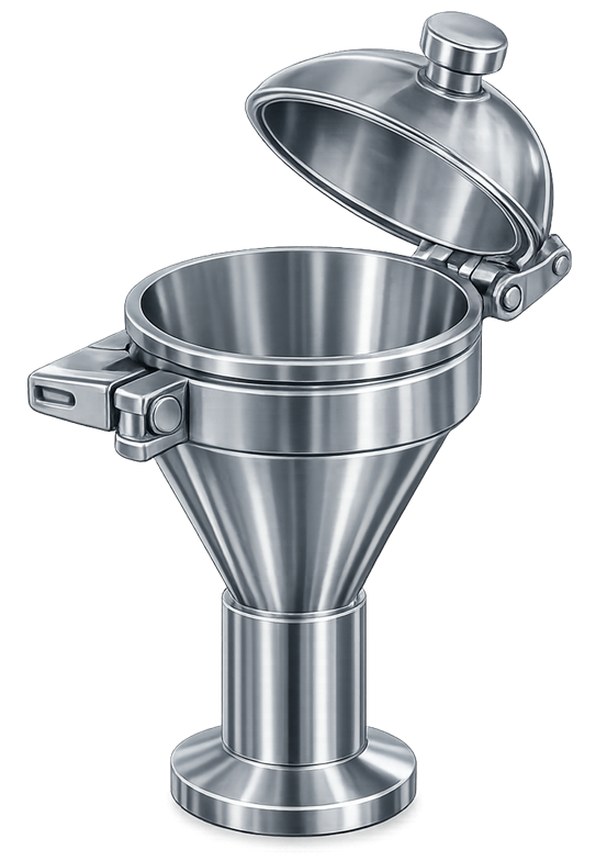 Sanitary ingredient-addition funnel for charging powder or liquid into a pharmaceutical vessel