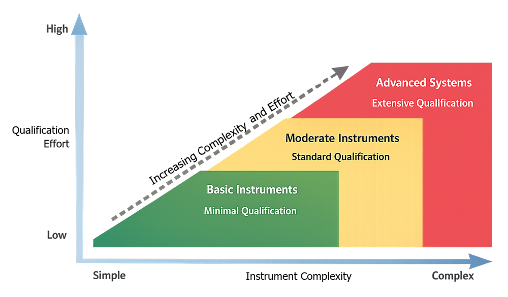 Conceptual diagram showing increasing qualification effort as analytical instrument complexity increases from simple measuring devices to stand-alone analytical instruments and complex analytical systems.