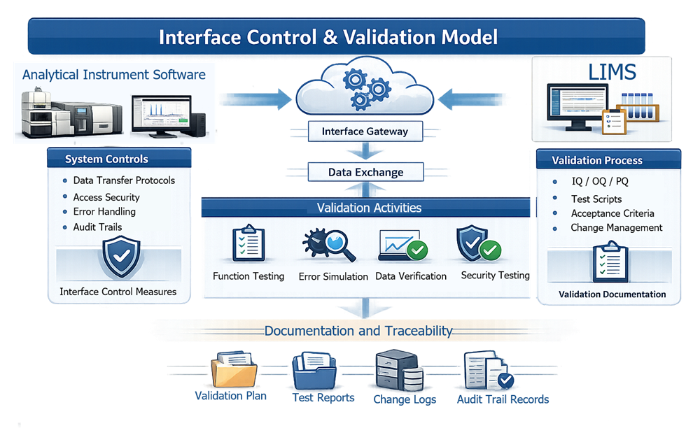 Interface validation model showing controlled data transfer between analytical instruments and LIMS