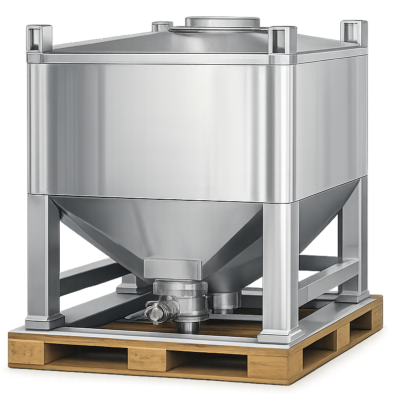 Pharmaceutical intermediate bulk container with closed lid, lifting frame, discharge cone, and controlled outlet valve.