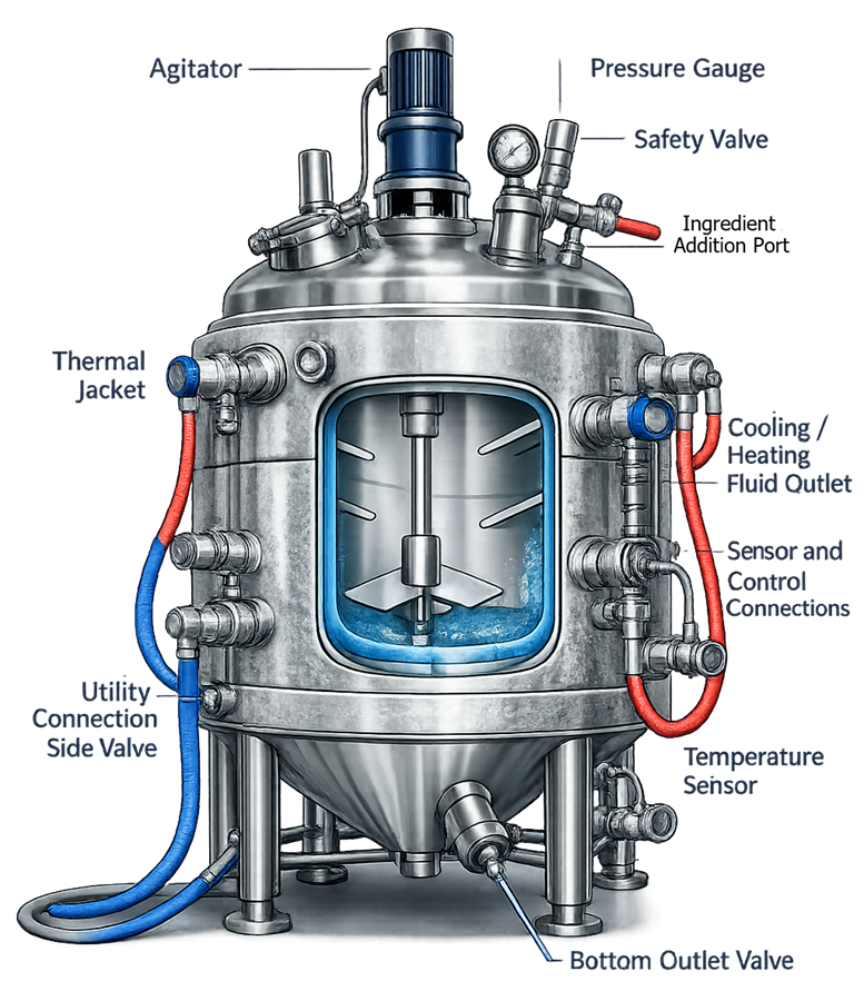 Jacketed pharmaceutical reactor vessel with agitator, thermal jacket, instruments, safety devices, and discharge valve