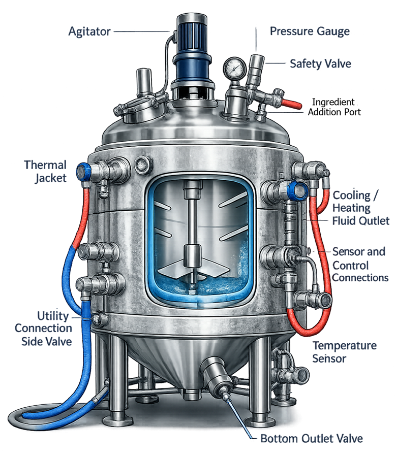 Jacketed reactor vessel configuration showing agitator, external thermal jacket, heating and cooling fluid inlet and outlet connections, pressure gauge, safety valve, ingredient addition port, temperature sensor, instrumentation connections, and bottom discharge valve used for controlled pharmaceutical processing.