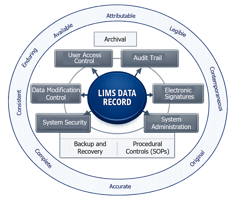 Diagram showing LIMS data surrounded by controls such as user access control, audit trails, electronic signatures, and backup mechanisms, aligned with ALCOA plus data integrity principles.