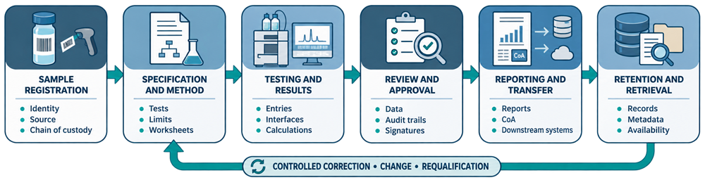 LIMS laboratory data lifecycle from sample registration and method assignment through testing, review, reporting, retention, and controlled correction.