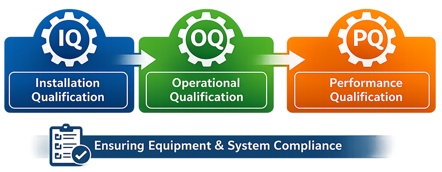 Lifecycle diagram showing URS, system configuration, IQ, OQ, PQ, and ongoing lifecycle activities such as change control and periodic review, with continuous data integrity control across all phases.