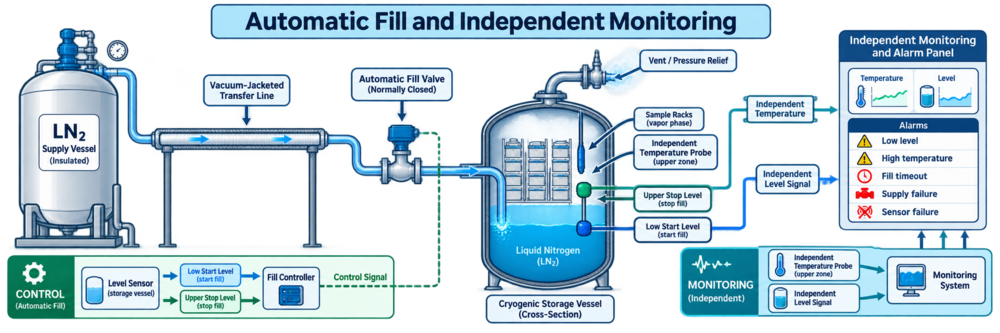 Automatic liquid-nitrogen fill system with insulated supply, transfer line, fill valve, level control, independent temperature monitoring, and alarms.