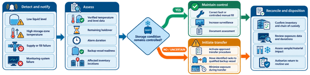 Decision workflow for low level, high temperature, fill failure, monitoring failure, and transfer to a qualified backup vessel.