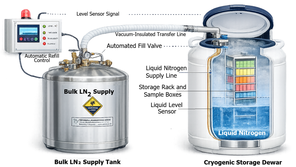 Cryogenic storage room with oxygen monitor, alarm beacon, ventilation, and liquid-nitrogen vessels.