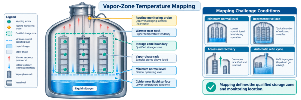 Cryogenic vessel mapping with sensors distributed through upper, middle, lower, central, and peripheral vapor-phase rack positions.