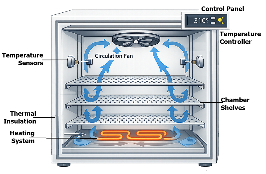 Laboratory incubator architecture showing insulated chamber, heating elements, airflow path, fan, shelves, control sensor, controller, and monitoring interface.