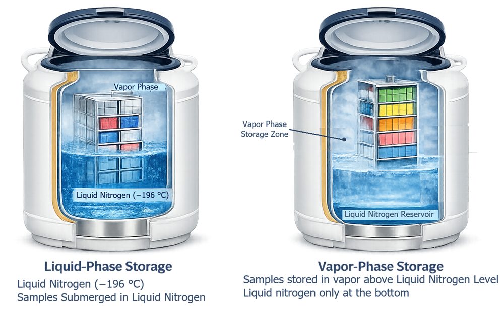 Comparison of samples submerged in liquid nitrogen with samples stored in the cold vapor zone above the liquid.