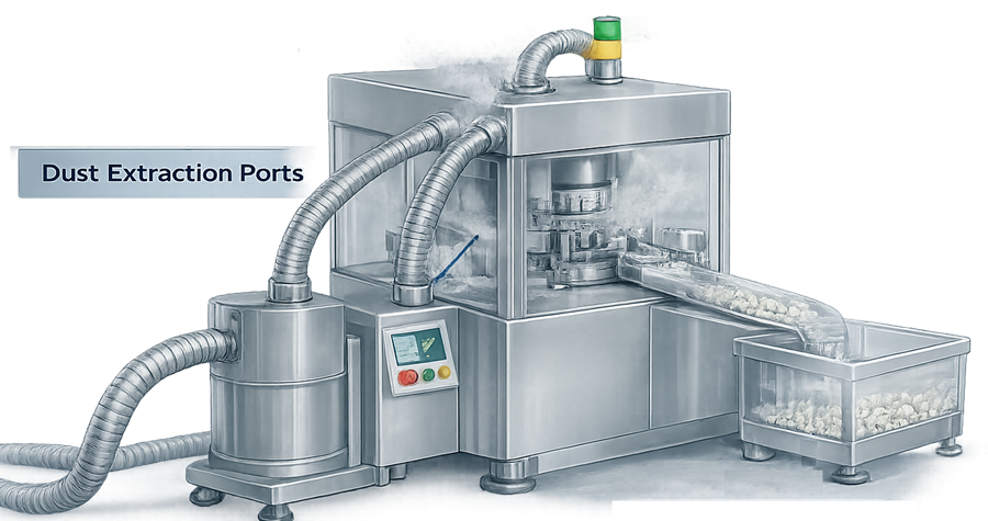Local dust extraction applied to an enclosed pharmaceutical tablet press with capture connections leading to a dust collector.