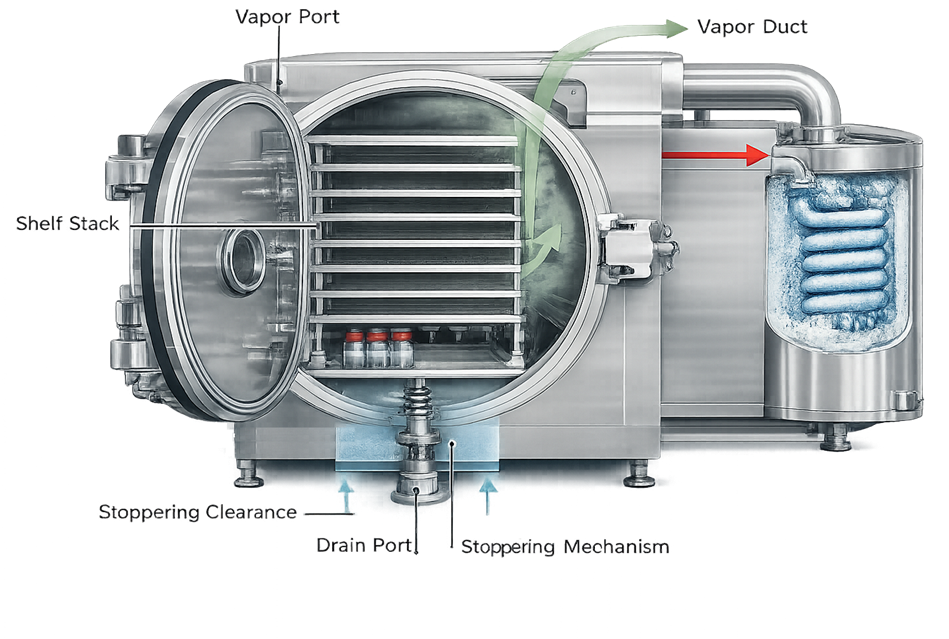 Cross-sectional diagram of a pharmaceutical lyophilizer chamber showing shelves, door seal, vapor outlet, and condenser connection.