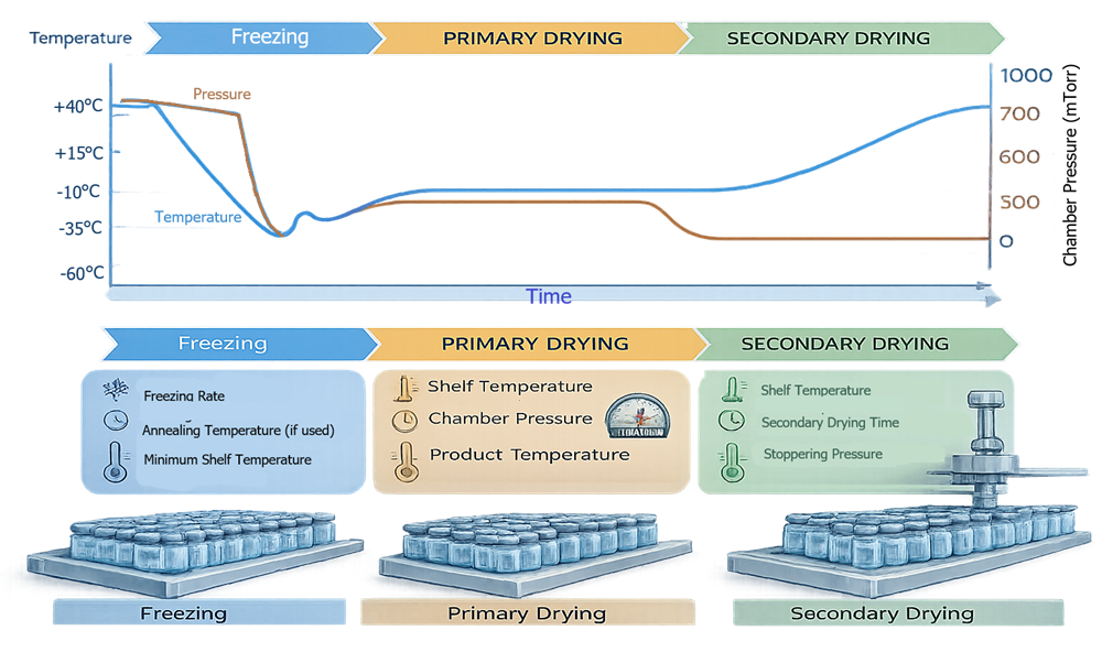 Lyophilization cycle showing freezing, primary drying, secondary drying, backfill, and stoppering phases.