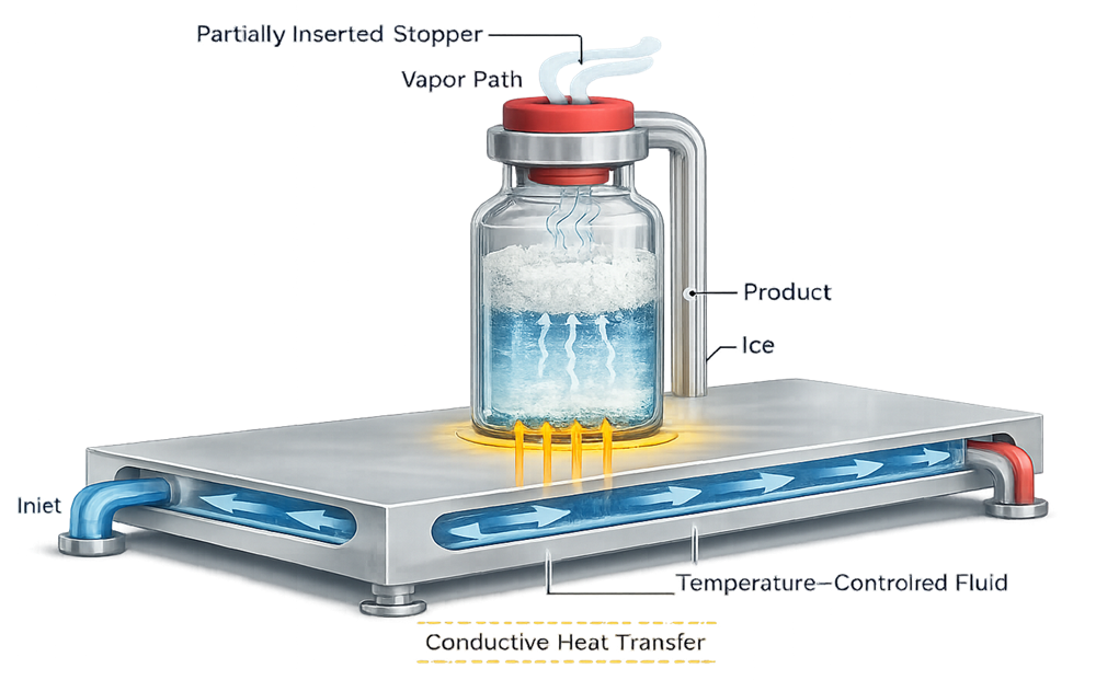 Lyophilizer shelf heat-transfer diagram showing thermal fluid, shelf surface, vial base, and frozen product.