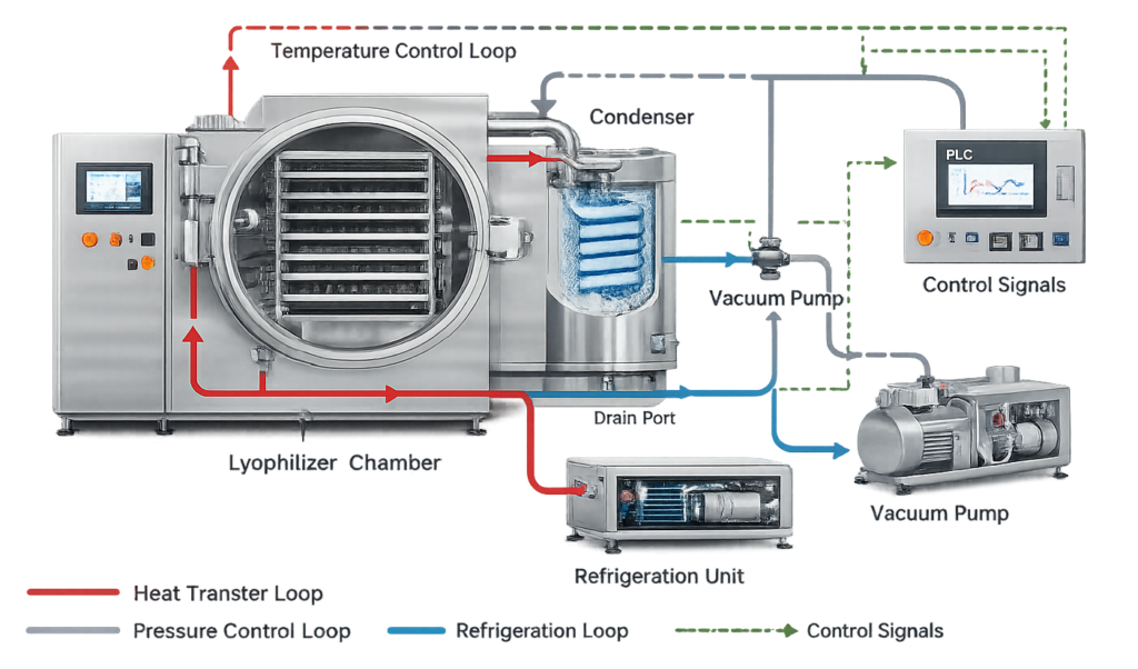 Functional architecture of a pharmaceutical lyophilizer showing the product chamber, condenser, refrigeration system, vacuum pump, and control system.