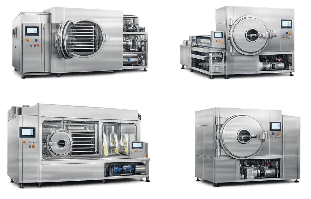 Production-scale pharmaceutical lyophilizer with stainless-steel chamber, control panel, refrigeration equipment, and vacuum modules.