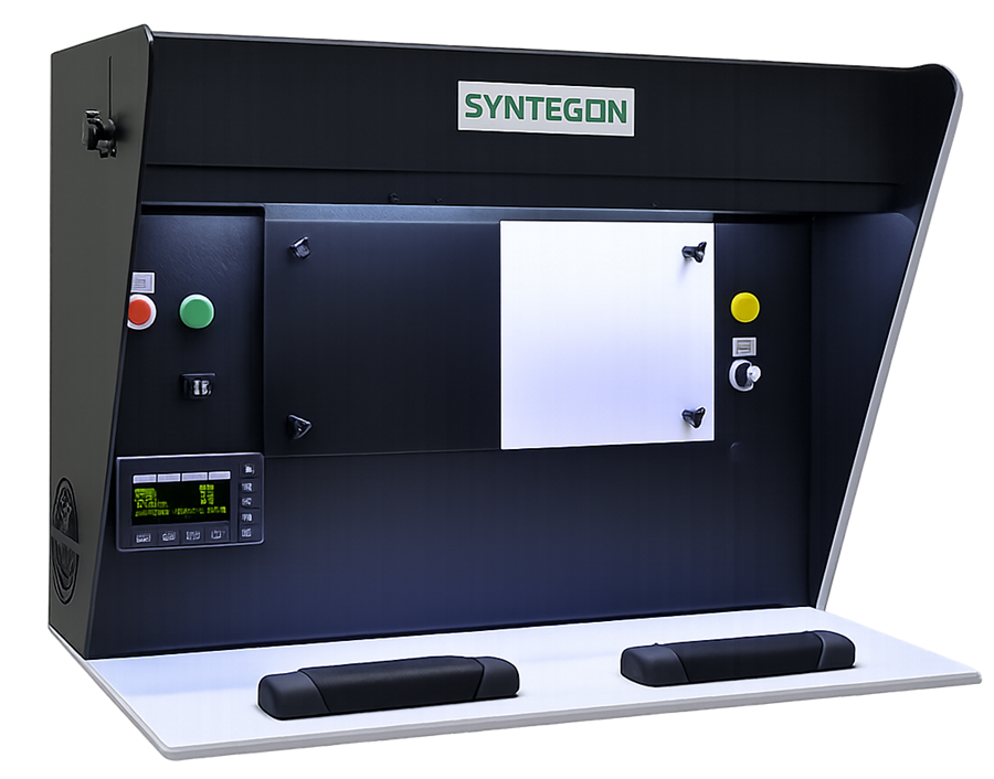 Manual pharmaceutical inspection station with controlled illumination and neutral viewing background for tablet or capsule inspection.