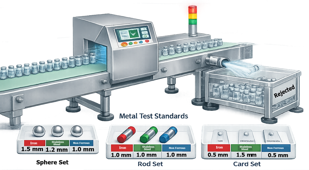 Pharmaceutical conveyor metal detector with ferrous, nonferrous, and stainless-steel challenge standards and rejected-product container.