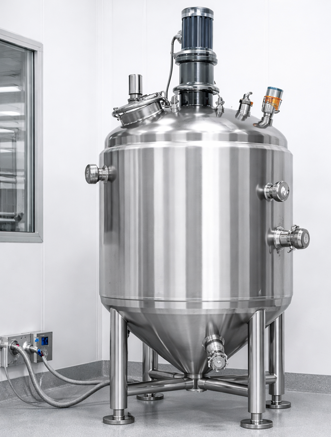 Stainless-steel pharmaceutical formulation vessel with top-mounted agitator and sanitary process ports