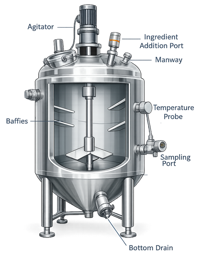 Pharmaceutical mixing vessel components including agitator, baffles, instruments, sampling port, and bottom drain