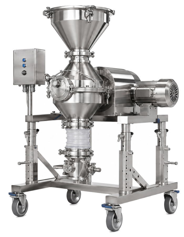 Mobile contained pharmaceutical cone mill with feed hopper, enclosed milling chamber, flexible discharge connection, and adjustable frame