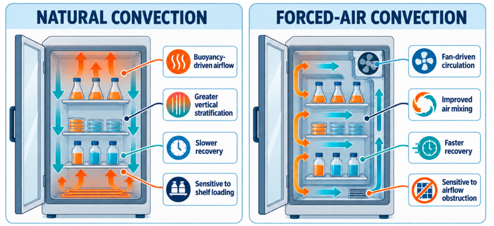 Comparison of natural-convection and forced-air incubators showing heat distribution, vertical stratification, fan circulation, loading sensitivity, and recovery behavior.