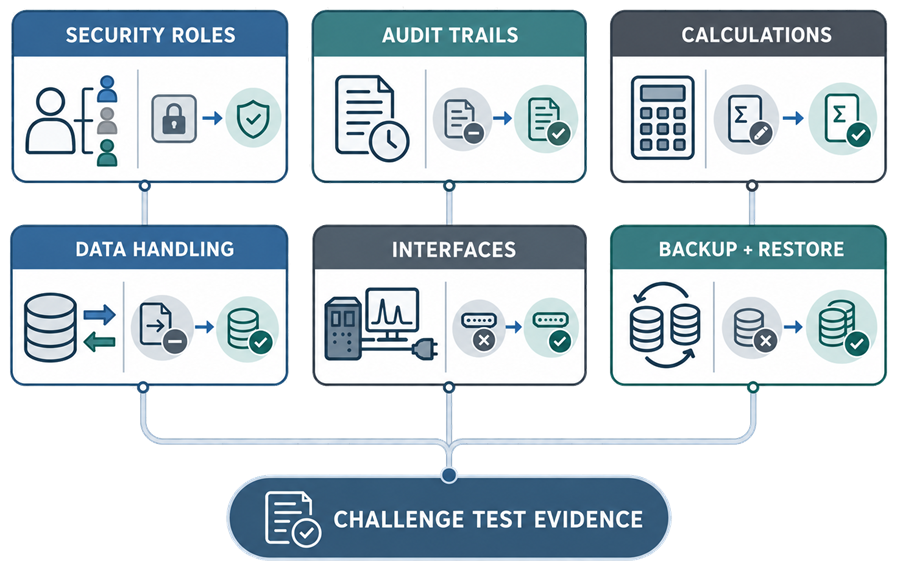 Analytical instrument OQ challenge testing for security roles, audit trails, calculations, data handling, interfaces, backup, and restoration.