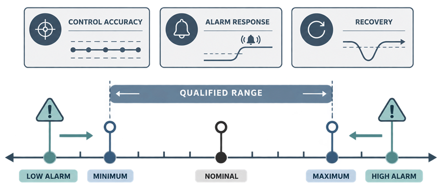 OQ operating-range testing at minimum, nominal, and maximum conditions with low and high alarm challenges.