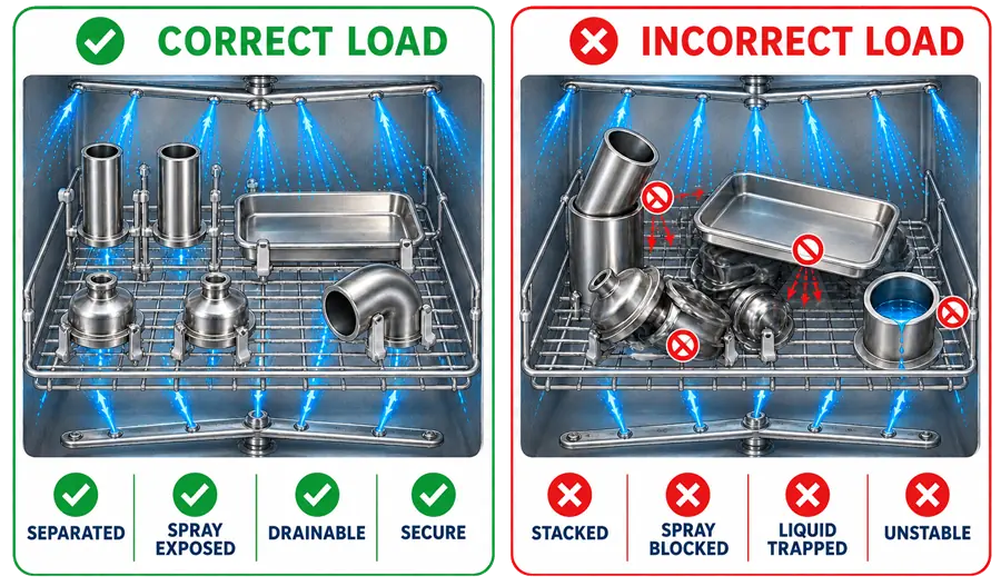 Correct and incorrect pharmaceutical parts-washer rack loading showing spray exposure, separation, drainage, stacking, and trapped liquid