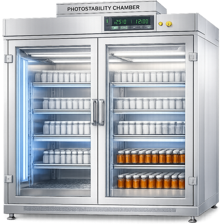 Pharmaceutical photostability chamber with visible and ultraviolet light sources, sample shelves, exposure controls, and temperature regulation.