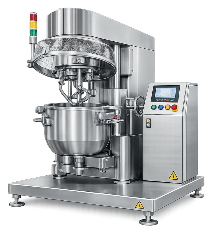 Pharmaceutical planetary mixer showing mixing bowl, planetary blade assembly, lifting mechanism, and control panel.