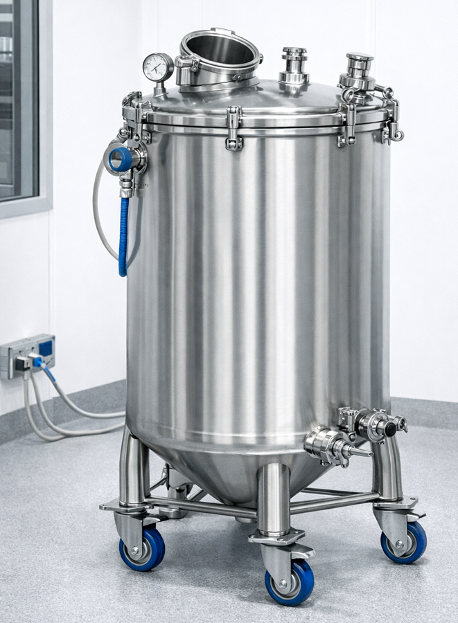 Portable stainless-steel pharmaceutical process vessel mounted on a wheeled frame