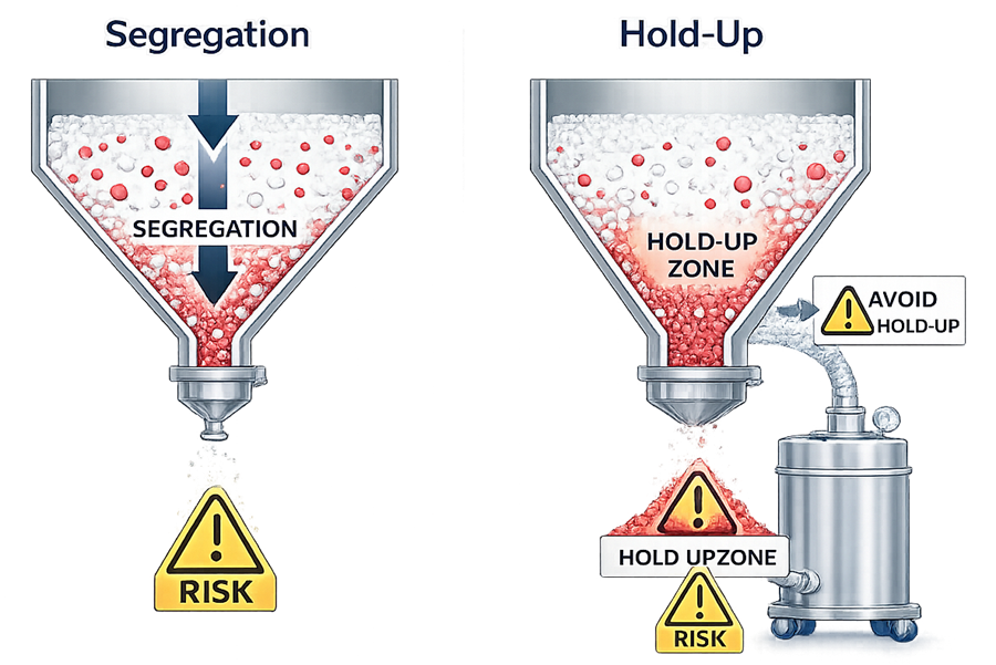 Powder segregation and material hold-up mechanisms during pharmaceutical material transfer.